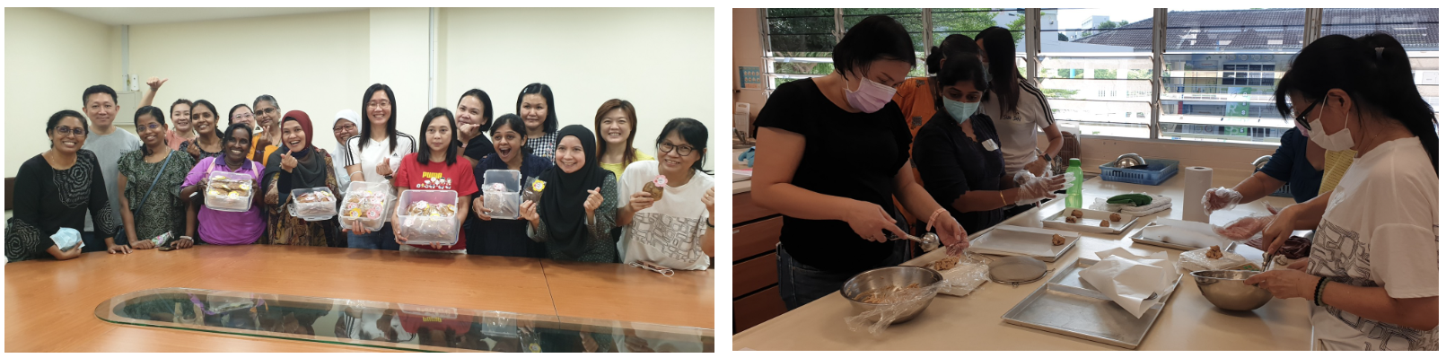 Group photo of people holding food containers, alongside a cooking session where masked participants prepare food at a table.